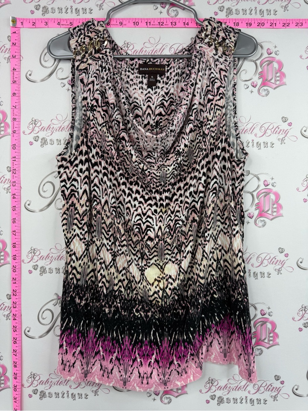 Dana Buchman tank chain link Pink Black Cream Printed Sleeveless Cowl Neck Top